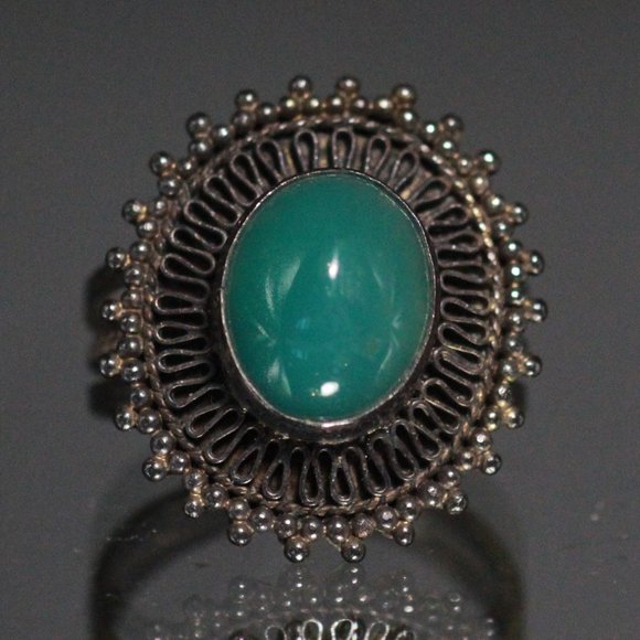 VINTAGE SILVER 950 CHRYSOPRASE SPLIT RING - Picture 1 of 5